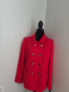 NWT- Ruffle-Trim Double-Breasted Red Pea Coat (Sz Large)